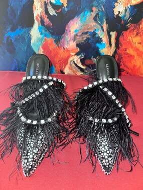 No.24 Azalea Wang Seine Black Feather And Diamond Embellished Pump Size 6